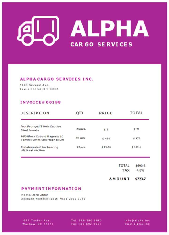USA Alpha Cargo Services invoice PSD template